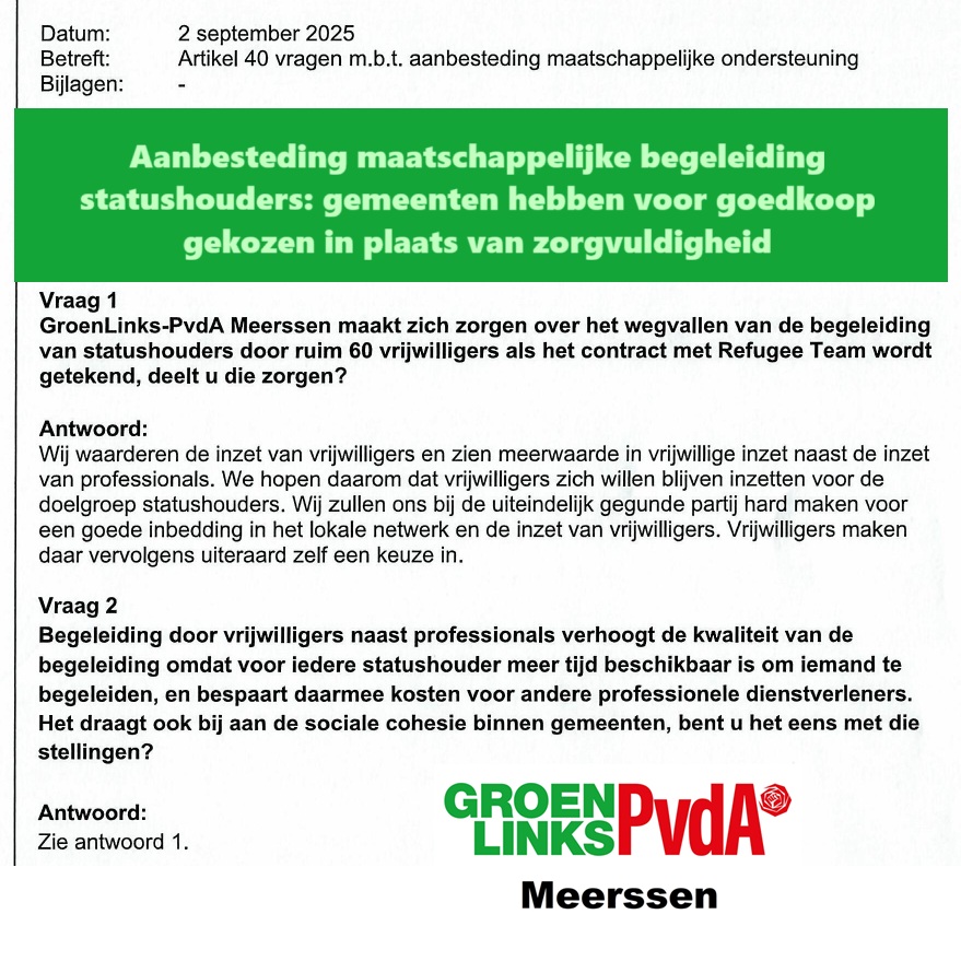 Beantwoording artikel 40-Vragen rond aanbesteding Maatschappelijke Begeleiding Statushouders: gekozen voor goedkoop in plaats van zorgvuldigheid